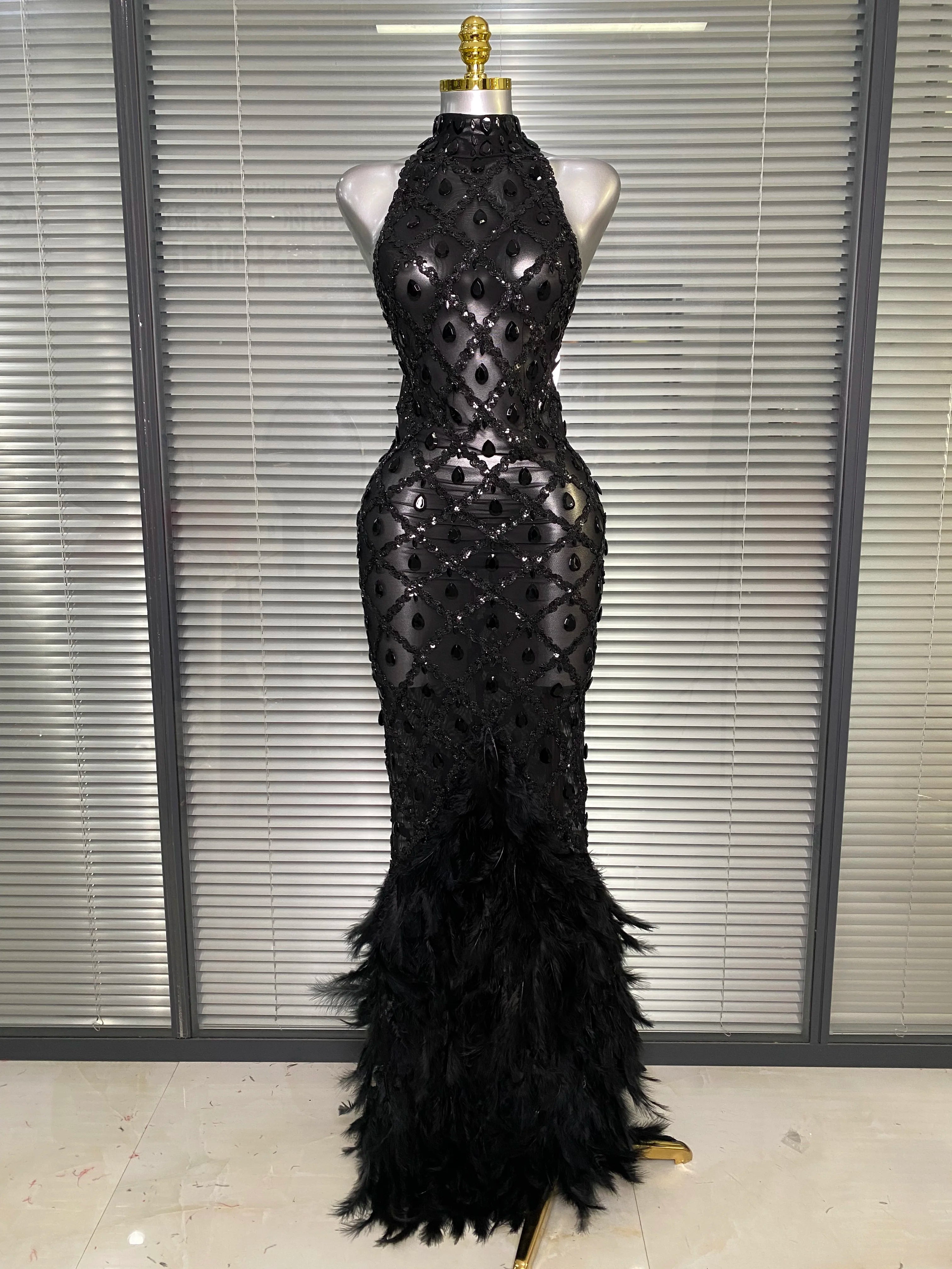 New Women Sexy Black Red Crystal Diamonds Maxi Dress Birthday Party Costume Elegant Singer Stage Performance Dress