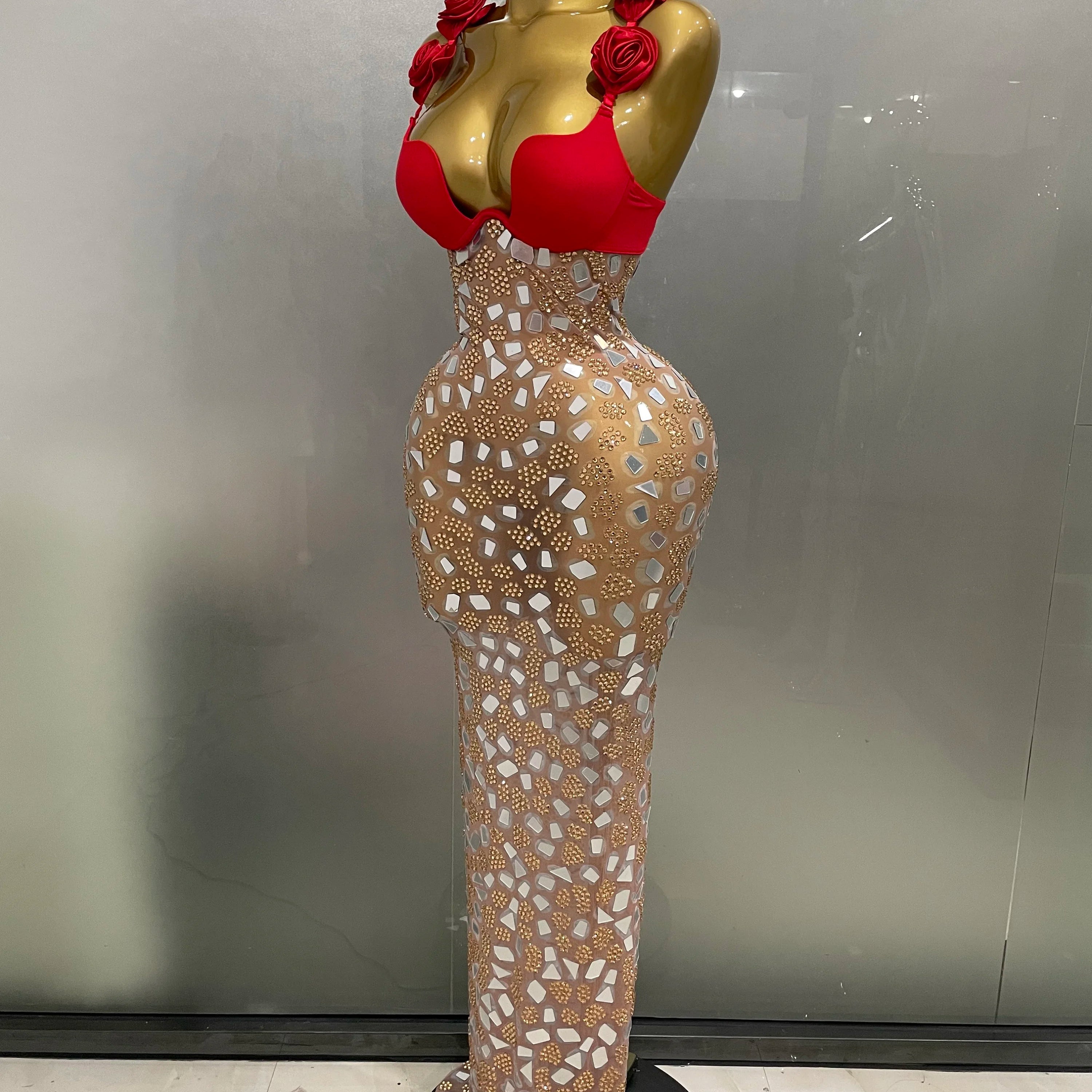Sexy Sparkly Rhinestones Mesh Mirrors Red Roses Long Dress  2025 New Women Elegant Evening Party Club Stage performance Costume