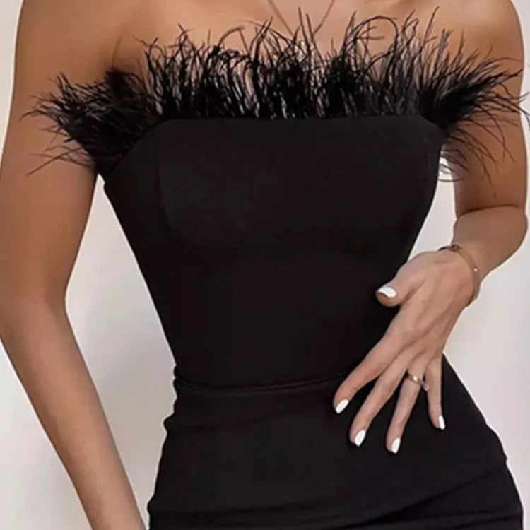 Summer Sexy Strapless Backless Feather Black Midi Women Bodycon Bandage Dress Designer Fashion Party Club Dress Vestido