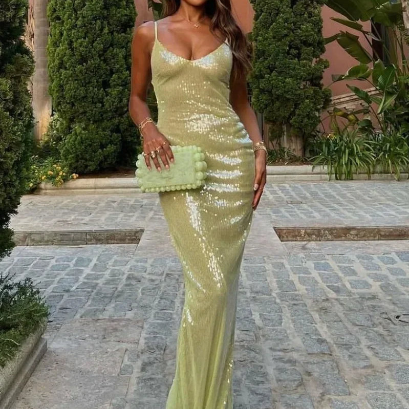 Luxury Sequins Backless High Slit Evening Long Dress  Elegant WomenSleeveless High Waist Tunic Bodycon Holiday Party Dresses