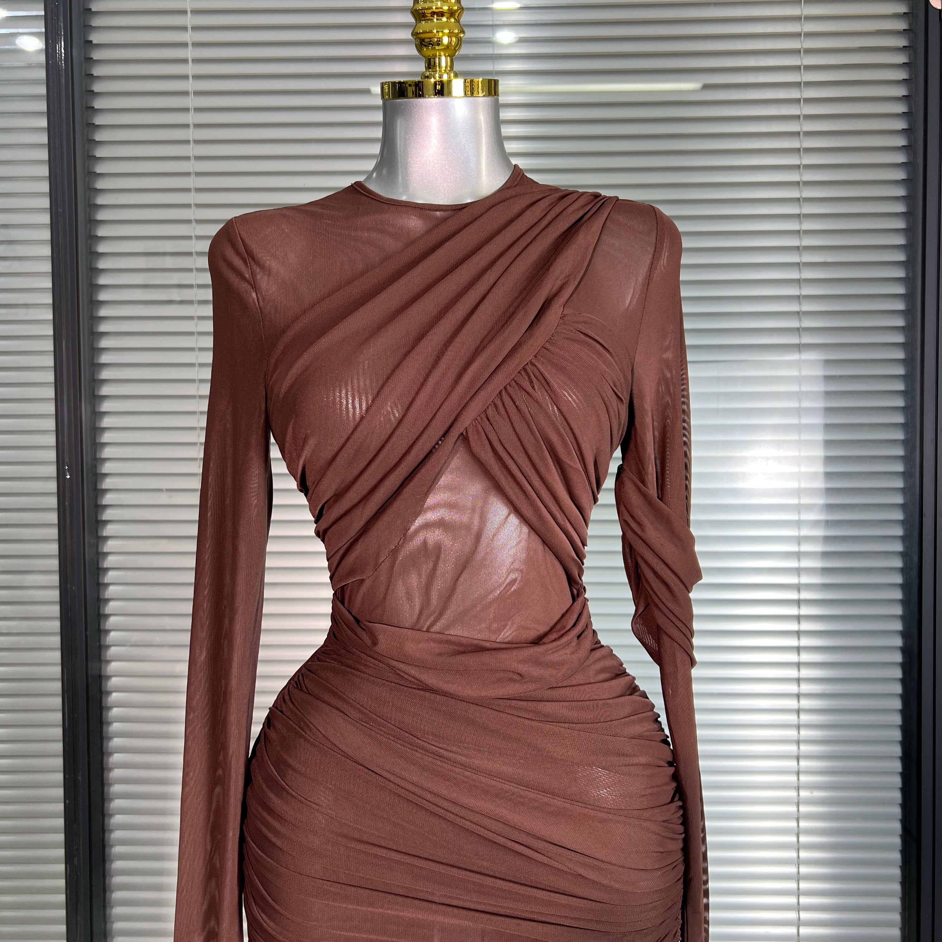 Summer New Women Sexy Long Sleeve Lace Mesh Ruched Maxi Dress Brown High Street Party Dress