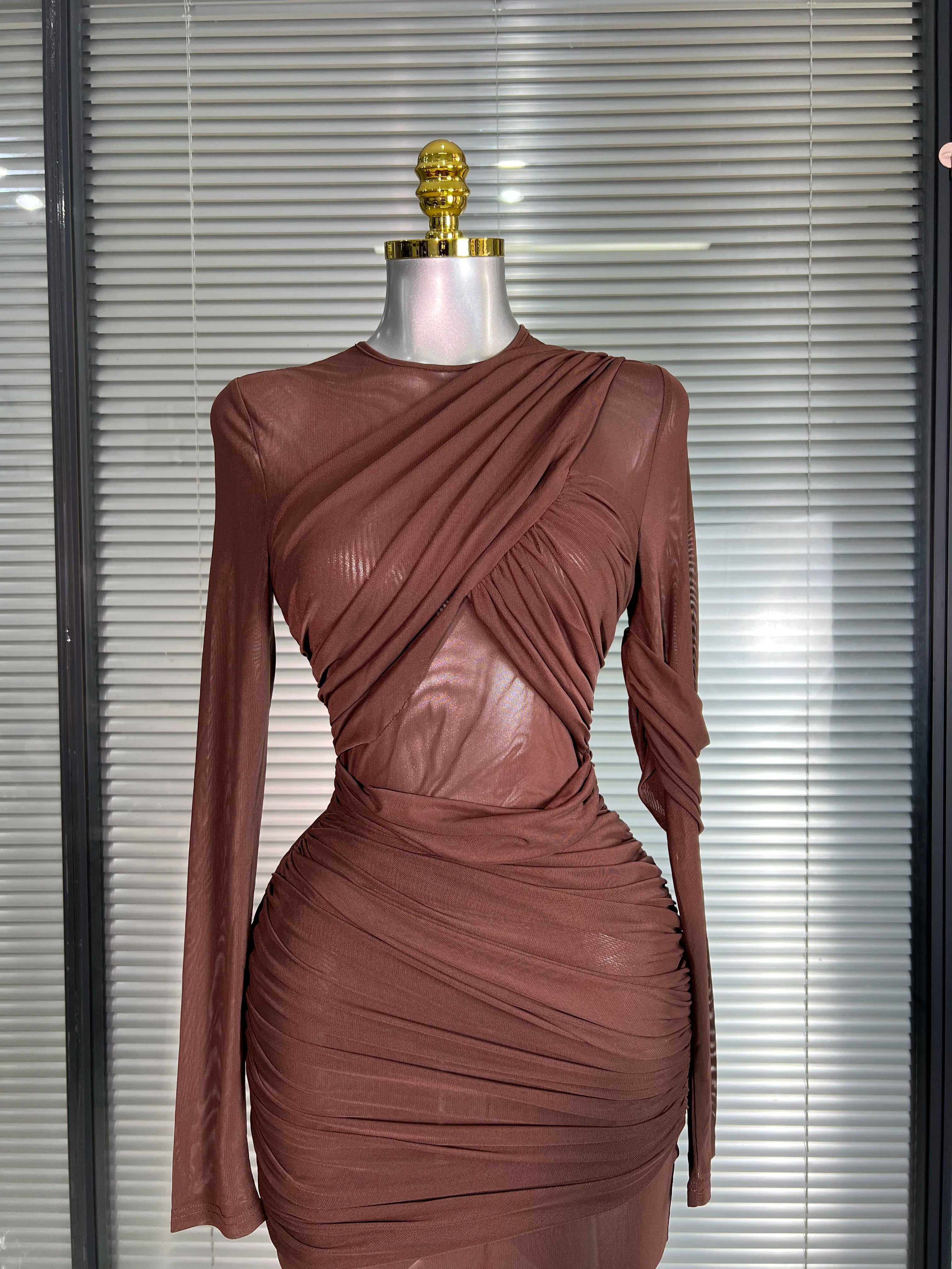 Summer New Women Sexy Long Sleeve Lace Mesh Ruched Maxi Dress Brown High Street Party Dress