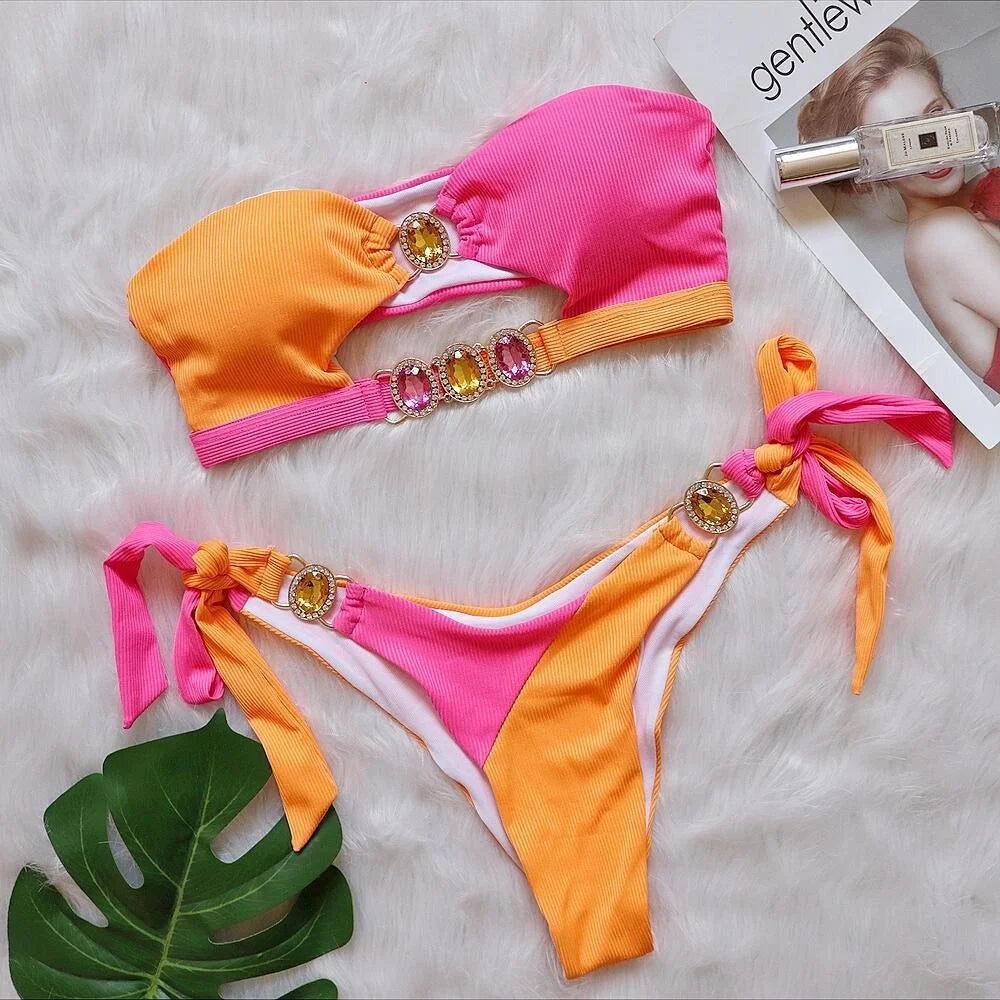 Sexy Rhinestones Bikinis Women Swimwear Female Swimsuit Swimming Bathing Suits Girls Brazilian Bikini Set Beachwear Bather B22101312D