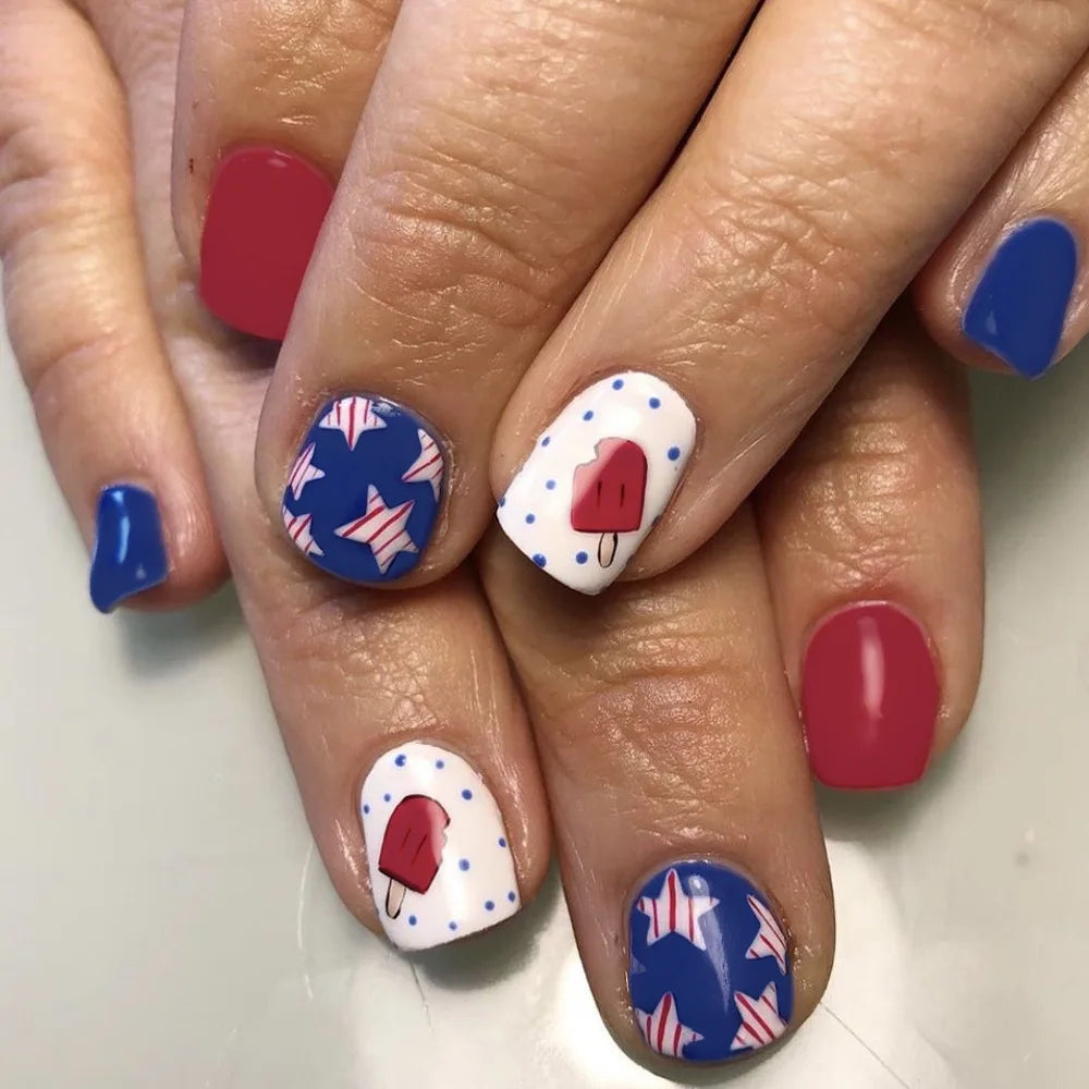 24pcs/set short square fake nails for US Independence Day blue red white star strawberry  with glitter press on false nail tips