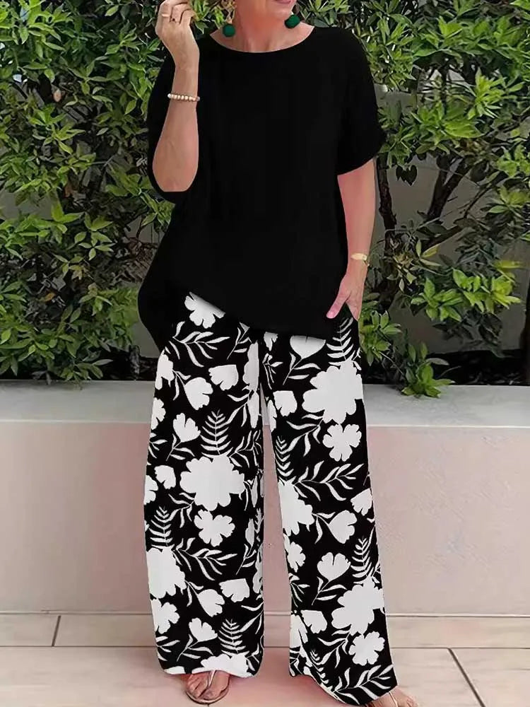 Two Piece Pants Set for Woman Summer Clothing Female Streetwear Casual Loose Tshirt and Print Trouser Plus Size Suit Set