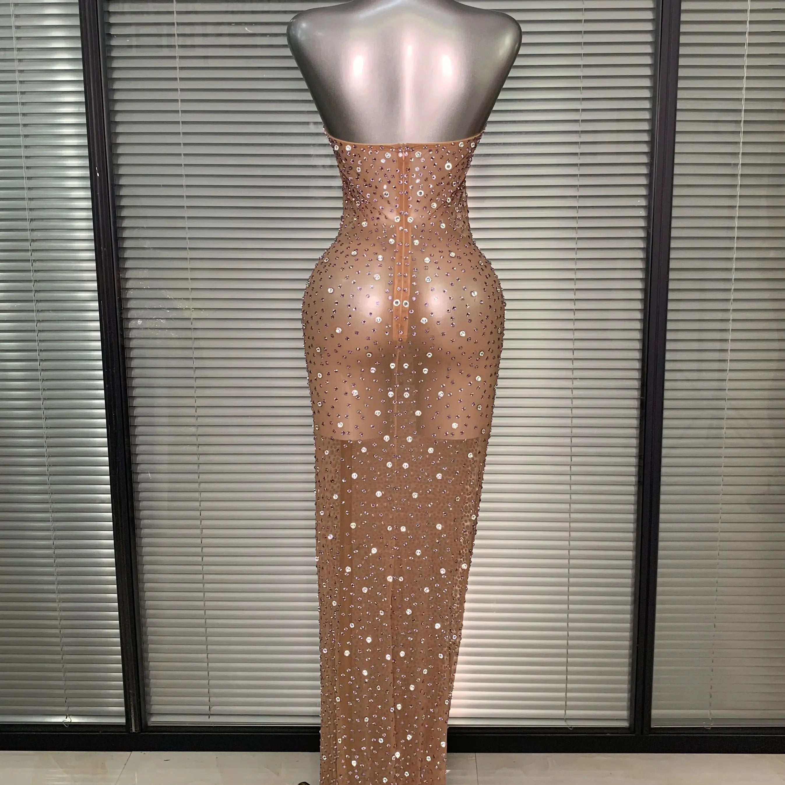 Women Sexy Mesh Crystal Diamonds Shinning Maxi Dress See Through Sheer Party Singer Stage Performance Costume
