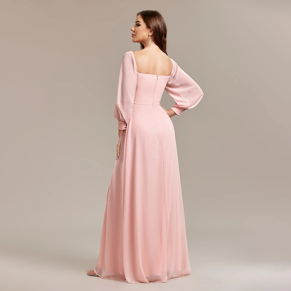 Women Strapless Pink Long Sleeved Bridesmaid Dresses Chiffon Free Wear Square Neck Party Gown Elegant Party Dress For Wedding