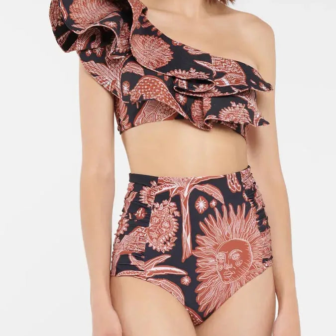 Women's Printed Ruffle Swimsuit Fashion One Shoulder Slash Breasted Bikini Two Piece High Waisted Tummy Tuck Beachwear 2023 New Clear