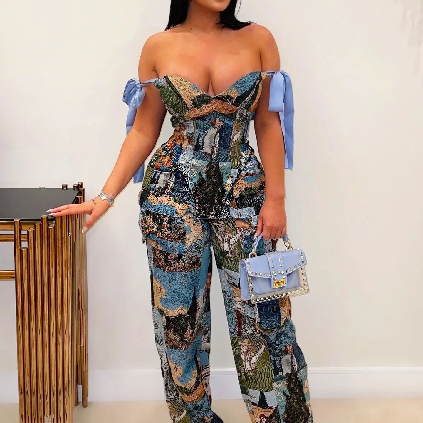 CM.YAYA Oil Painting Printed Women's Set Lace Up Back Crop Top and Pants Suit 2024 Fall Winter Two 2 Piece Sets Outfit Tracksuit