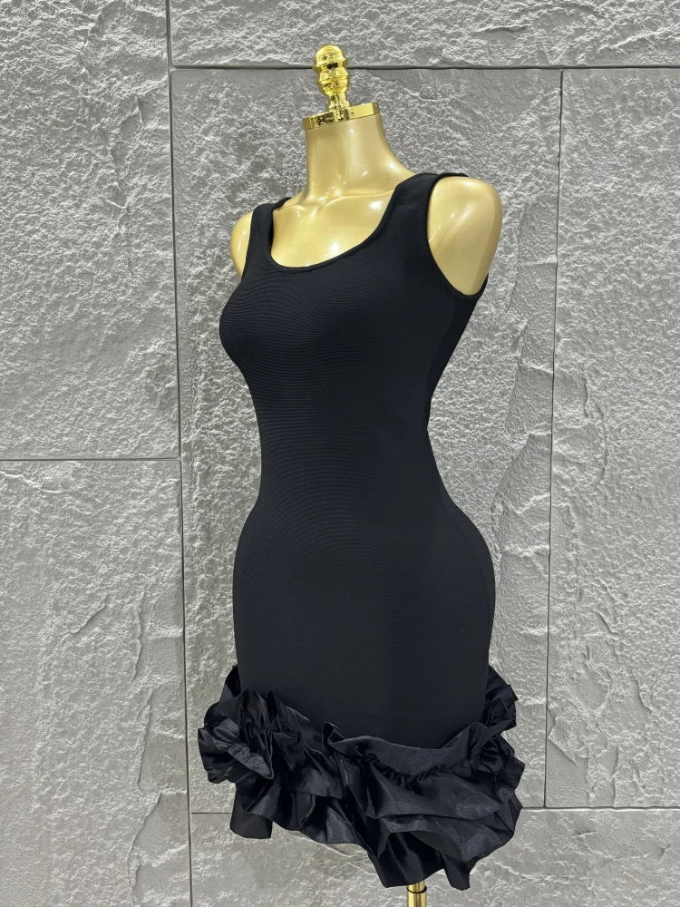 High Quality Women Sleeveless Sexy O-Neck Ruffles Bodycon Mini Bandage Dress Celebrate Nightclub Party Bar Singer Outfit
