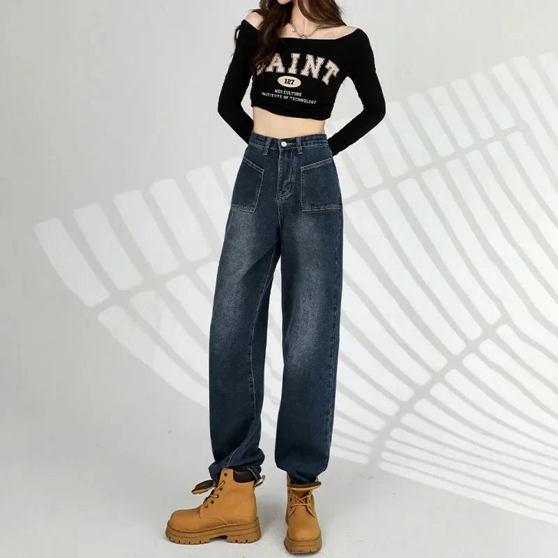 Autumn Winter New Straight Tube Women's Jeans American High Street Baggy Pants Woman Blue Gray Color Women's High-waisted Jeans