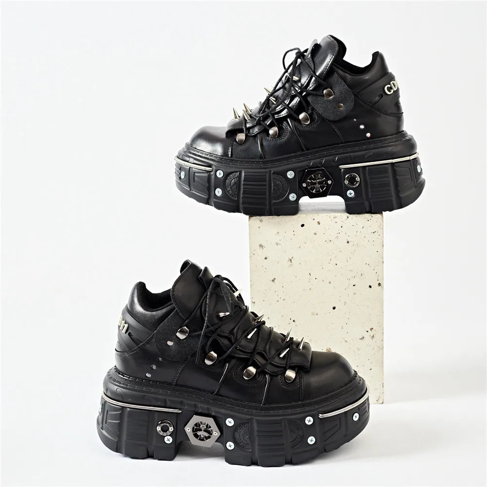 Punk Women Lace-Up Ankle Botas Mujer 2025 Rivet Metal Decoration Round Toe Thick Bottom Boots Woman Nightclub Rock Platform Shoe