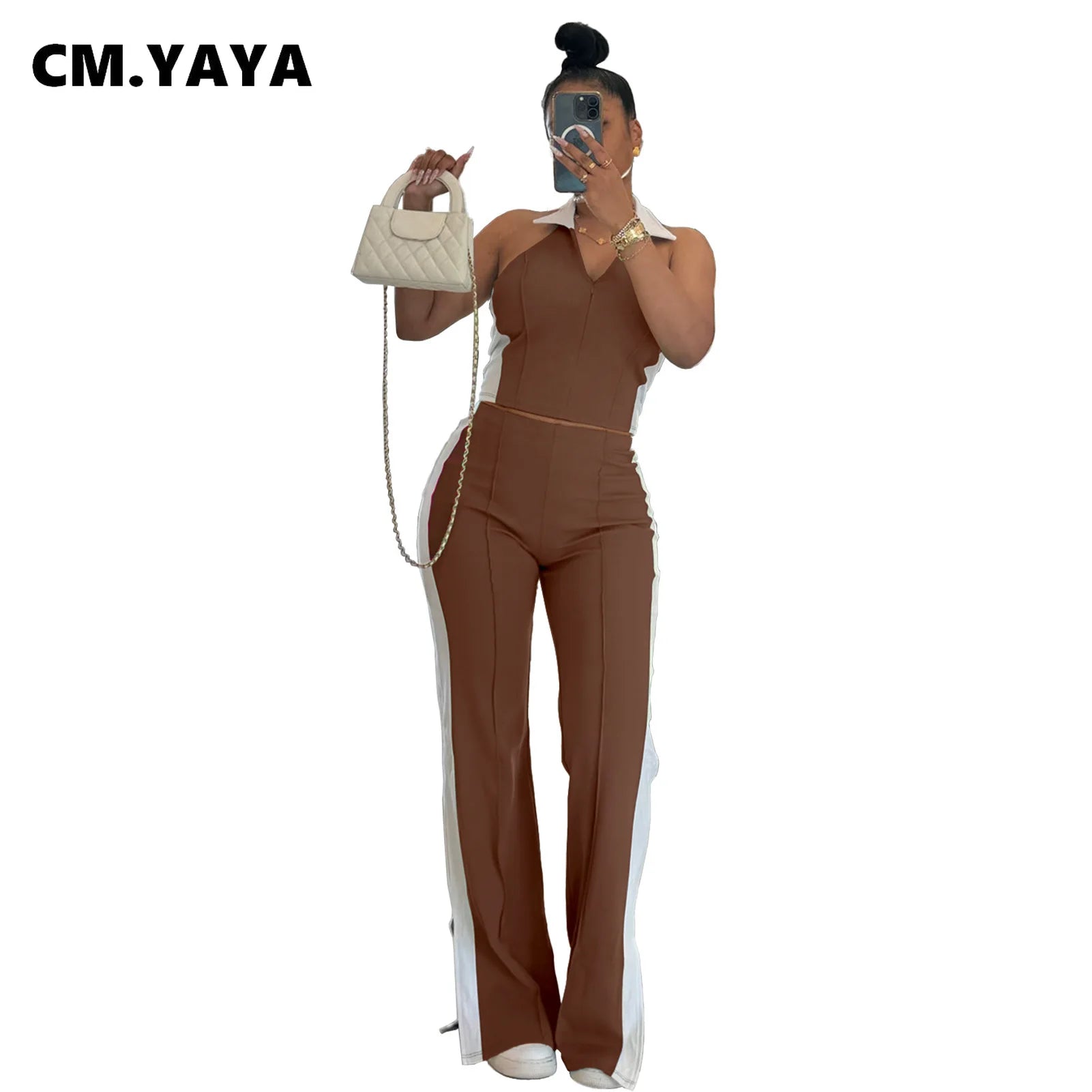 CM.YAYA Sporty Patchwork Women's Set Sleeveless Polo-tank Tops and Slit Flare Pants 2025 Active Two 2 Piece Set Outfit Tracksuit