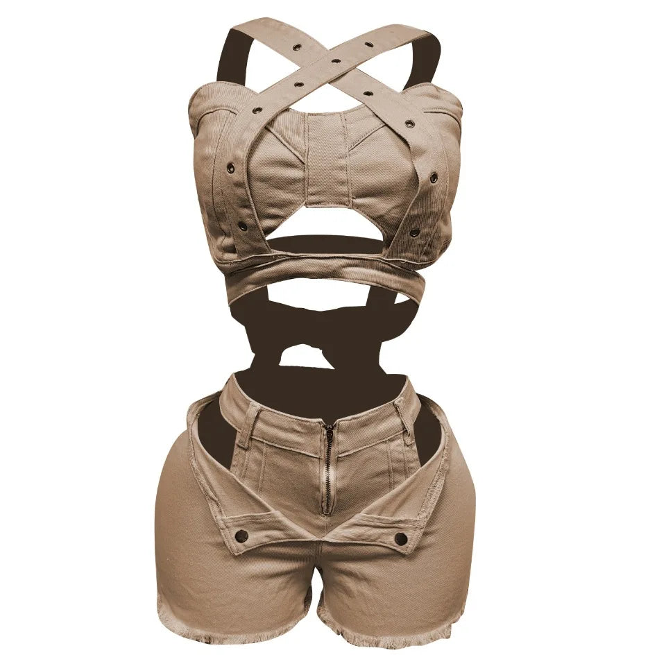 CM.YAYA Fashion Denim Cutout Women's Set Wrap Strap Crop Top and Shorts Jeans 2025 Summer Two 2 Piece Sets Outfits Tracksuit Camel