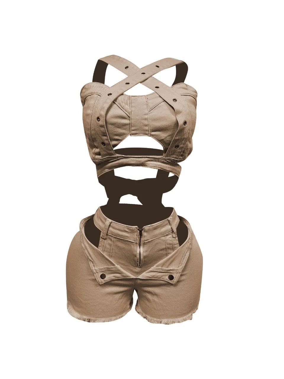 CM.YAYA Fashion Denim Cutout Women's Set Wrap Strap Crop Top and Shorts Jeans 2025 Summer Two 2 Piece Sets Outfits Tracksuit Camel