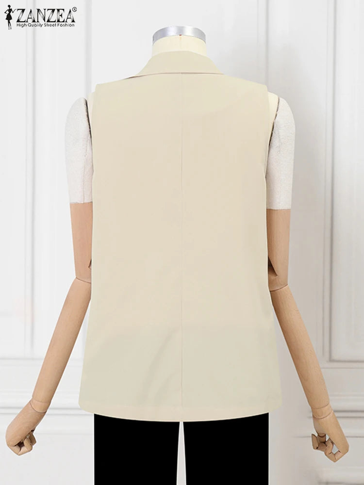 Vintage OL Jacket Casual Lapel Blazer Women Double Breasted Suit Coats Fashion Sleeveless Office Vest Autumn Femme