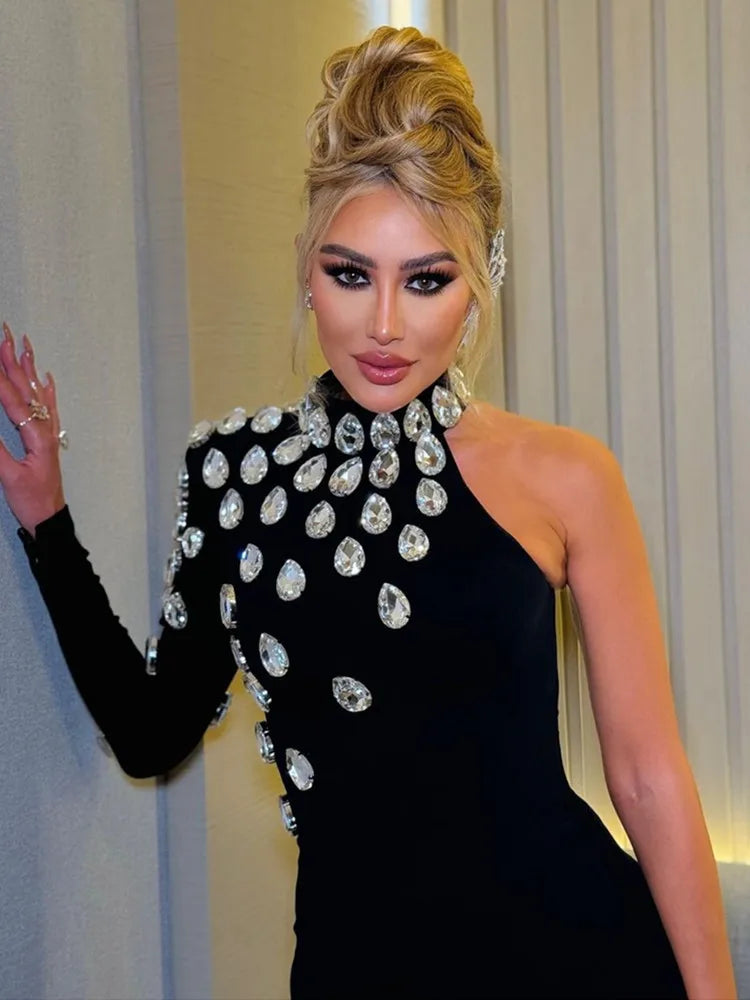 Women Celebrity Sexy Single Sleeve Rhinestone Black Maxi Long Bodycon Bandage Dress Elegant Evening Club Party Dress