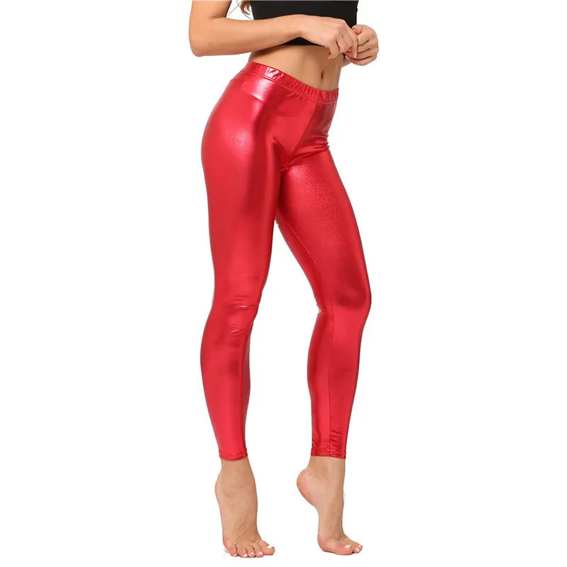 Pink Leggings For Women Metallic Shiny Black Pants Elastic Waist Stretch Fitness Mujer Gym Golden Silve Red Blue Trousers K274 Pure Red