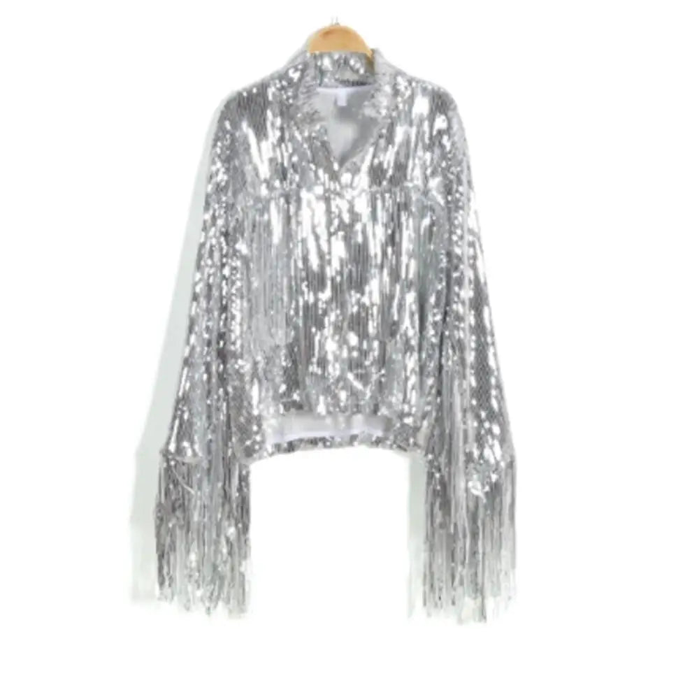 Tassel Sequin Jacket Autumn Winter Streewear Rock Bf Retro Long-sleeved Silver Reflective Coat Women Outwear Tops Silver