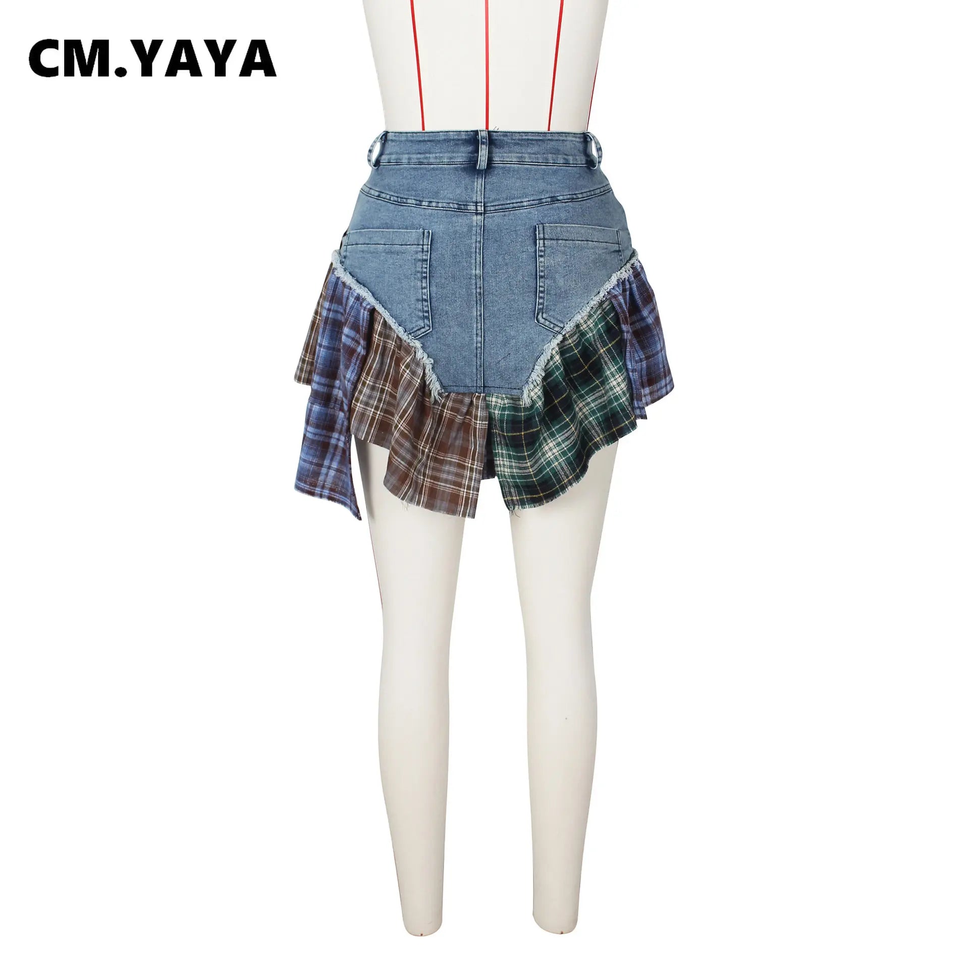 CM.YAYA Women Fashion Plaid Denim Patchwork Streamer Irregular A-line Mini Skirt 2023 Street Female Classic Jeans Cargo Skirts
