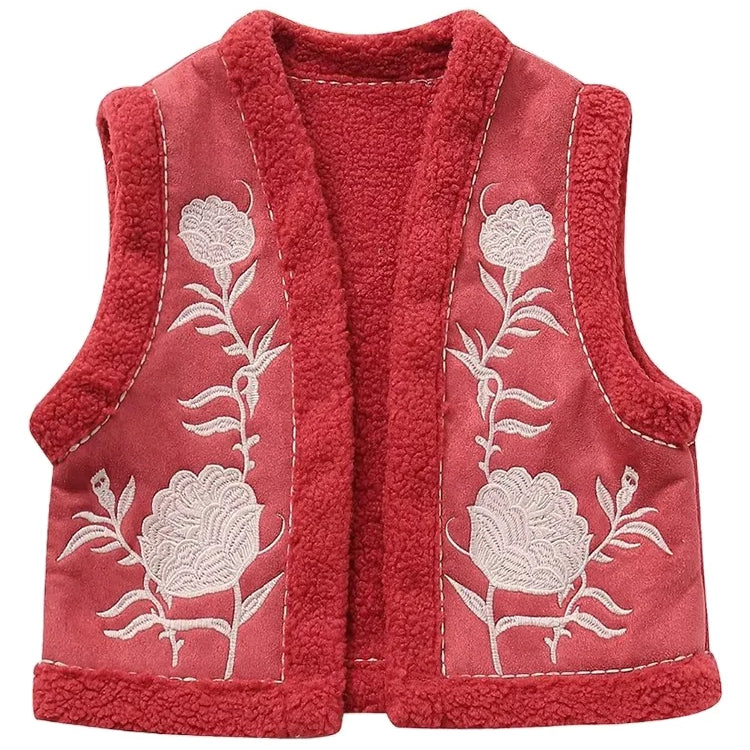 Women's Fashion Flower Embroidery Reversible Vest Vintage Suede Lamb Warm Vest Short Loose Sleeveless Vest Street Style Ves Red-TRAF164