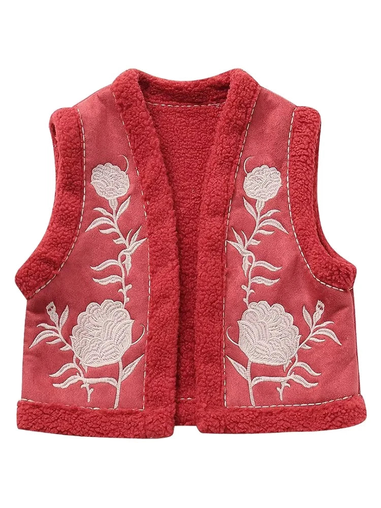 Women's Fashion Flower Embroidery Reversible Vest Vintage Suede Lamb Warm Vest Short Loose Sleeveless Vest Street Style Ves Red-TRAF164