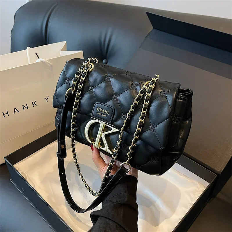 2025 Chic Diamond Pattern Bag for Women - Trendy Chain, Niche Letter Detail Crossbody Bag