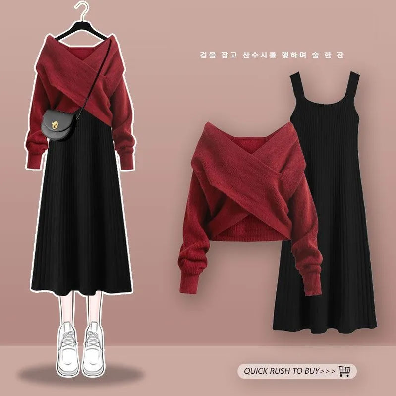 Women's Autumn Winter Knit Dress Two Piece Fashion Cross Sweater+Suspended Skirt Matching Set Korean Elegant Chic Suit Set 06