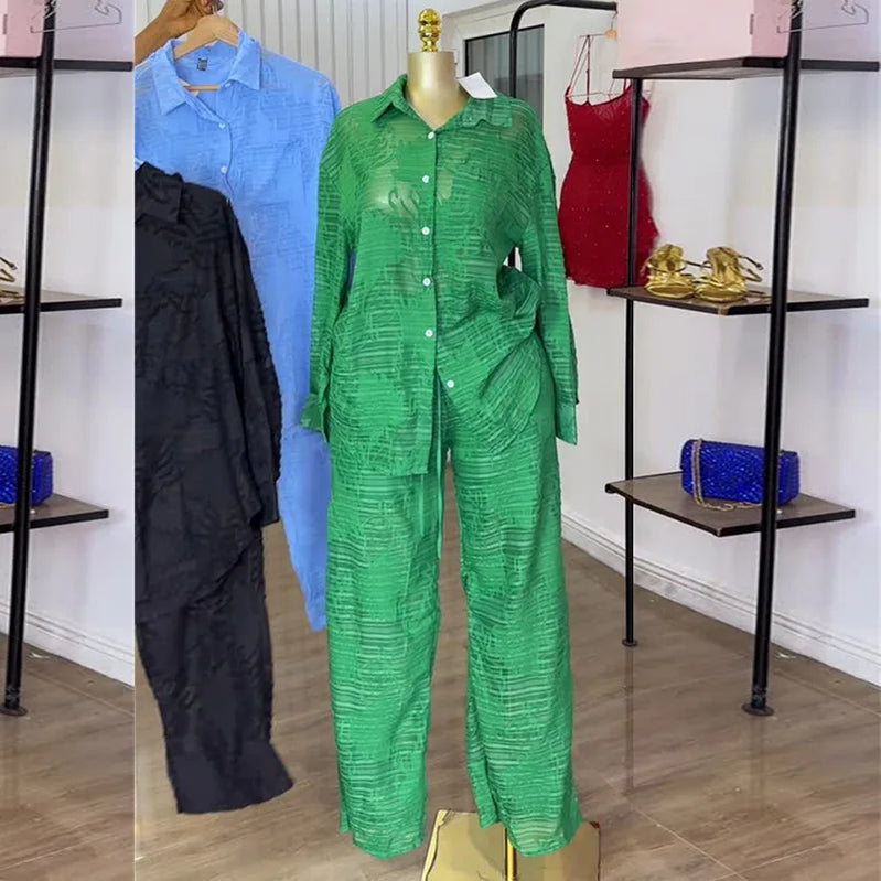 CM.YAYA Fashion Women's Set Perspective Long Sleeve Shirt and Straight Wide Leg Pants 2025 OL Two 2 Piece Set Outfit Tracksuit Green
