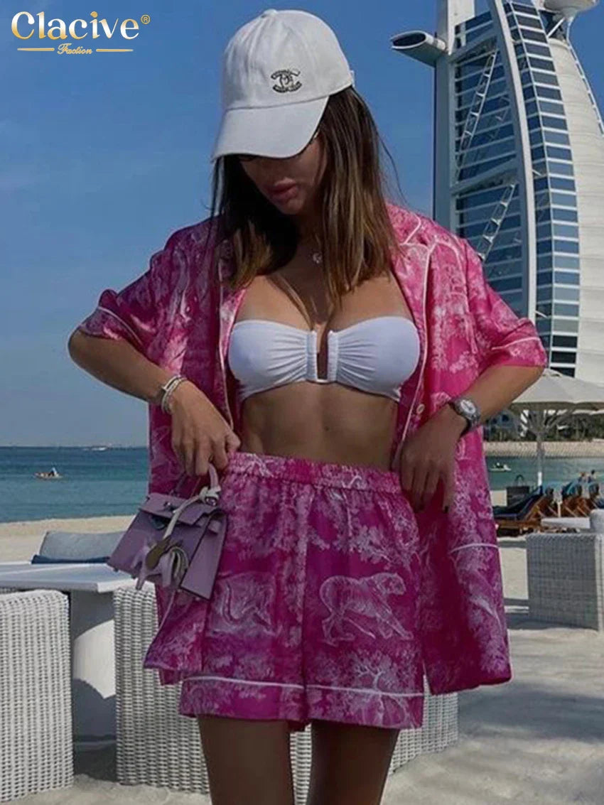 Clacive Fashion Loose Print 2 Piece Set Women Outfit Summer Short Sleeve Shirt With High Waist Shorts Set Female Streetwear Pink