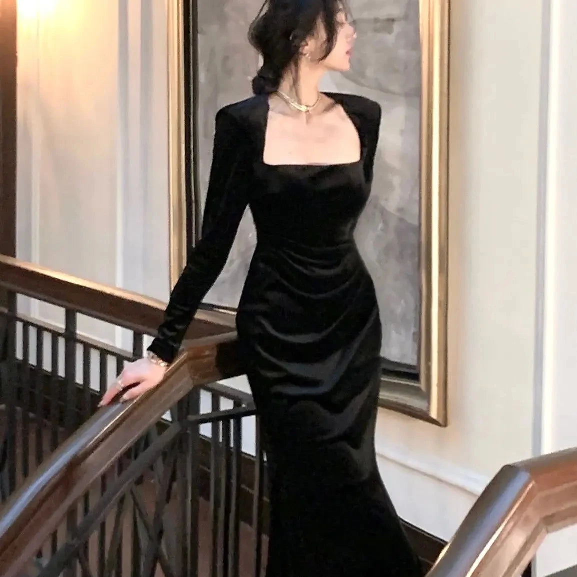 Fashion Elegant Long Black Velvet Dress Spring Women Sexy Bodycon Prom Evening Party Birthday Vestidos Female Vintage Robe