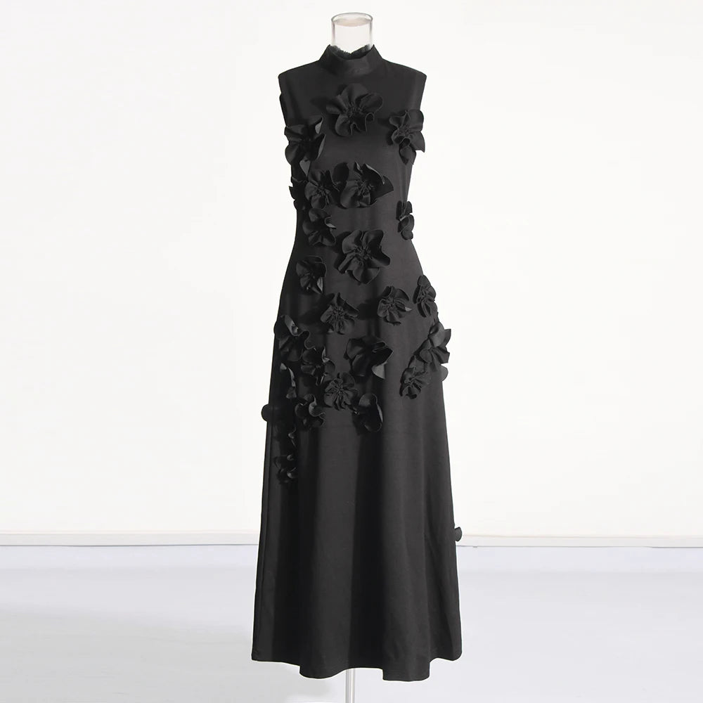 TWOTWINSTYLE Patchwork Appliques Chic Dress For Women Stand Collar Sleeveless High Waist Spliced Lace Up Elegant Dresses Female