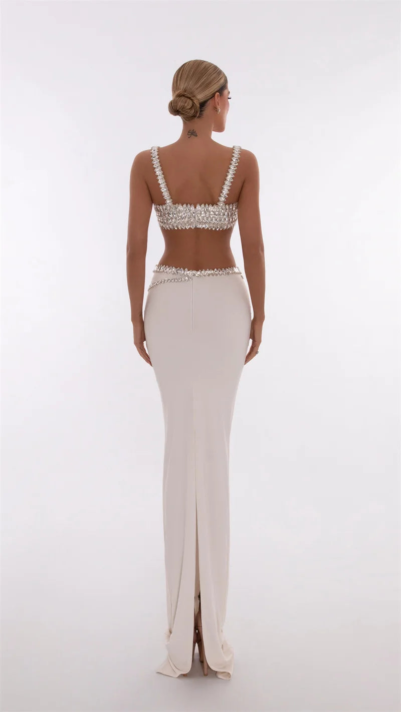 Sparkling Diamonds Woman Set Spaghetti Strap Top And Ankle Lenght Skirt  2 Pieces Evening Party Vestido Beach Vocation Outfit