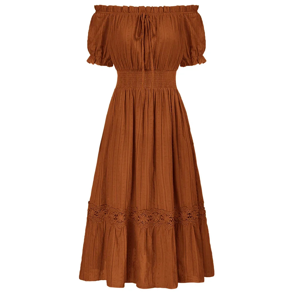SD Women Renaissance Cotton Dress Summer Short Sleeve Ruffled Off Shoulder Flared A-Line Dress Ruched Slim Fit Fashion Dresses Brown