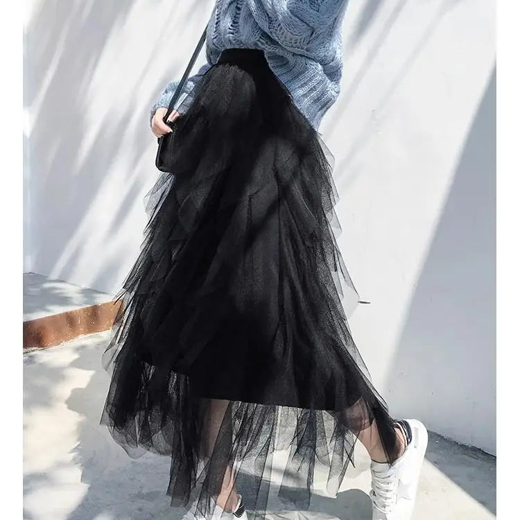Long Maxi Skirt Women Fashion Korean Cute Pink High Waist Pleated Skirt Mesh Female Lady Aesthetic Faldas black One Size