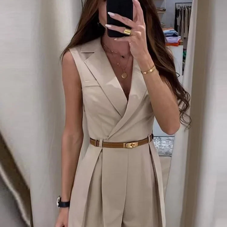 Elegant Women's Jumpsuit With Belt Fashion Sleeveless Turndown Collar Slim Short Jumpsuits Female Sping Summer Lady Romper