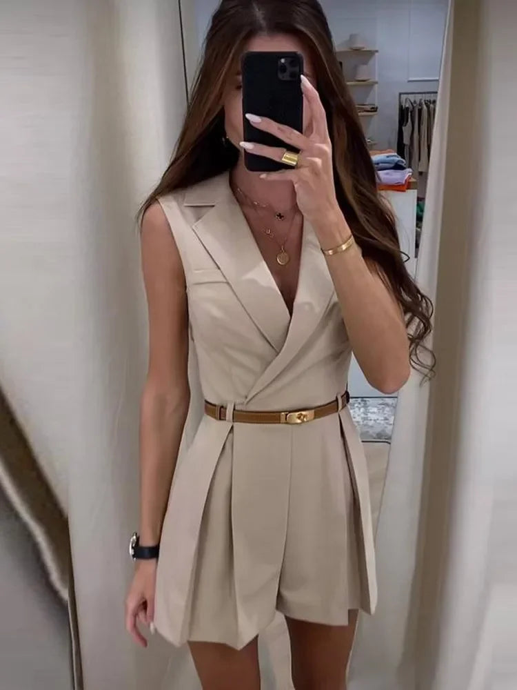Elegant Women's Jumpsuit With Belt Fashion Sleeveless Turndown Collar Slim Short Jumpsuits Female Sping Summer Lady Romper