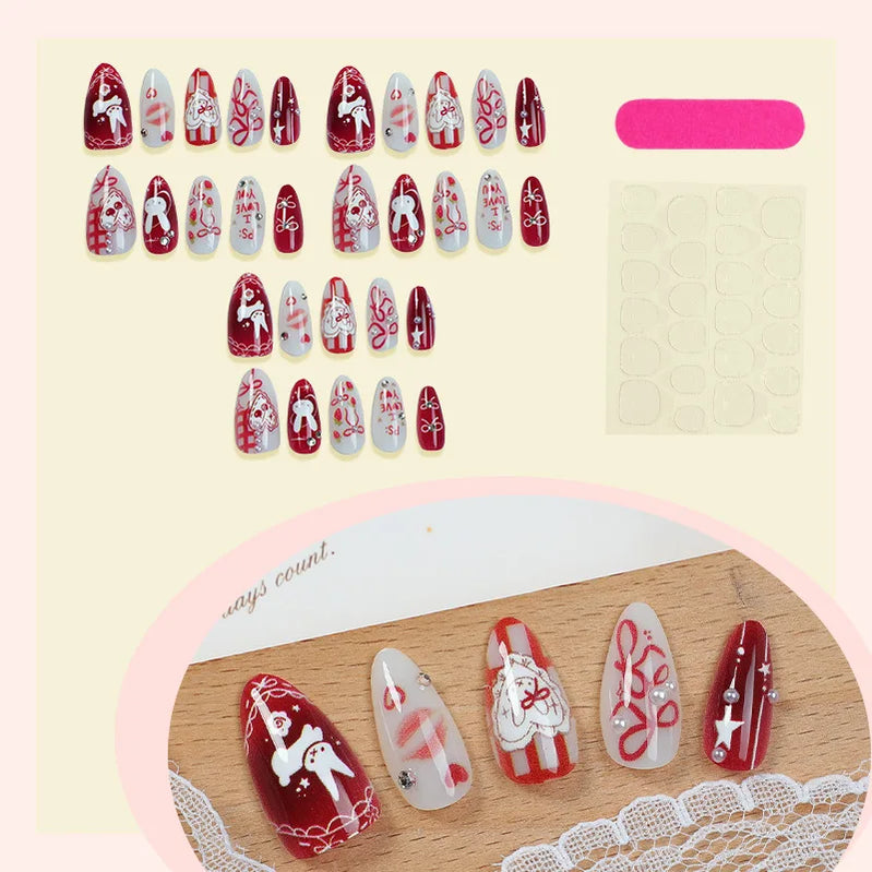 24pcs Bow Cartoon Rabbit Press on Nails Almond French Fake Nails Full Cover Wearable False Nails