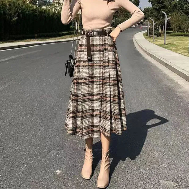Autumn Winter Women's Long Skirts Elegant Streetwear Irregular Plaid Skirt Woman Fashion with Belt A-Line Skirts New