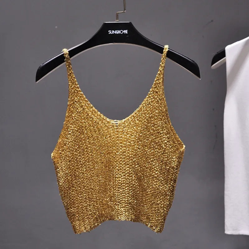 Sparkling Sequins Half Waist Render Knitwear Hollow-out Is Sexy Waist Condole Top Cropped Sexy Streetwear Woman Tops Summer Gold One Size