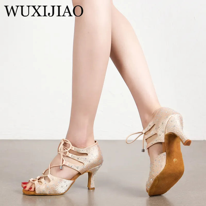 di seta donna scarpe da ballo latino fondo morbido sandali da donna Tango Party Dance Shoes scarpe da sposa con strass