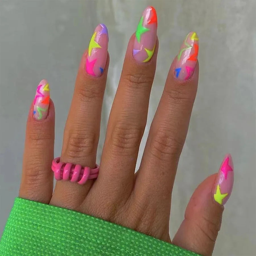 24Pcs Mid-length Almond Full Cover Nails Tips Colorful Star with Design Fake Nails Art Detachable Finished Press on False Nails