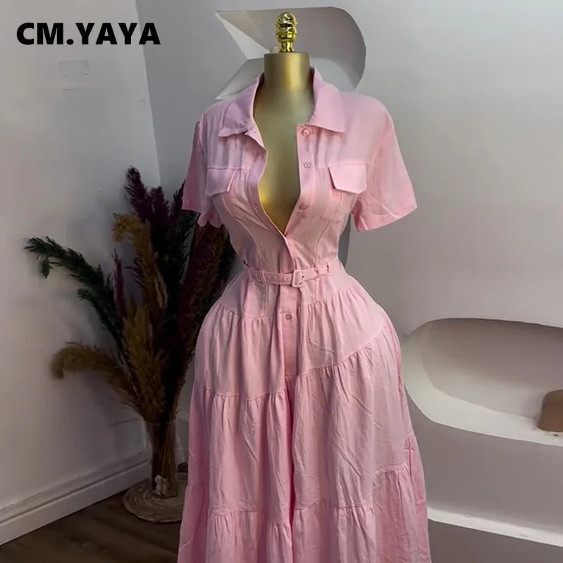 CM.YAYA Women Short Sleeve Single Breasted Belt Long Maxi Dress 2025 Street Birthday Evening Sexy Party Shirt Dresses Vestidos
