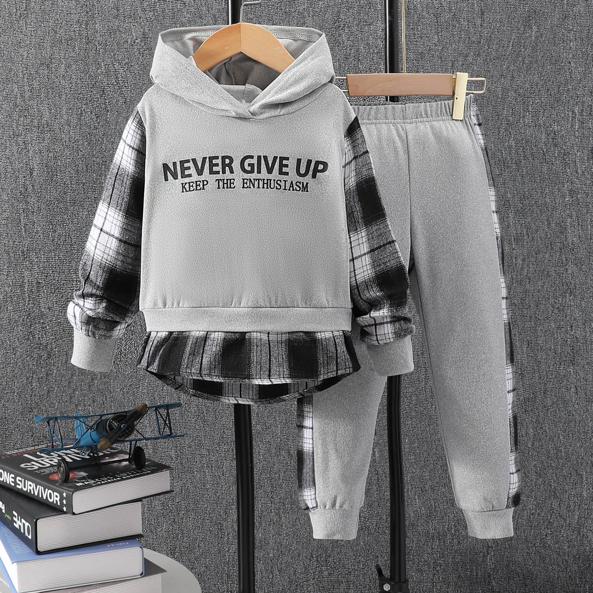 Autumn New Boy Set Long Sleeve Checked Hooded Top+Checked Pants Boys' Set Autumn/Winter Fashion Children's Set