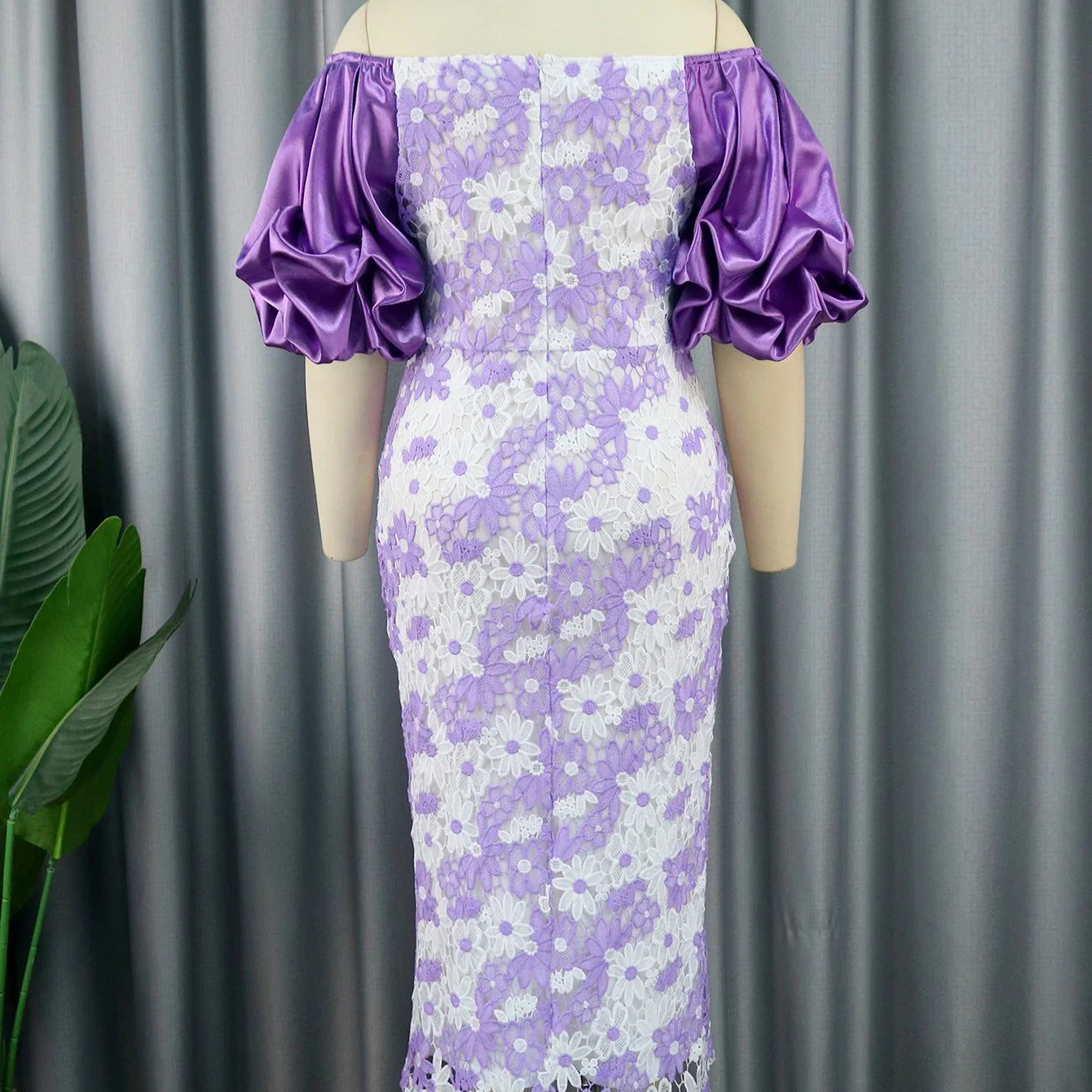 Women Bodycon White Purple Lace Dress Off Shoulder Puff Sleeves Event Birthday Wedding Guest Occasion Gowns African Plus Size