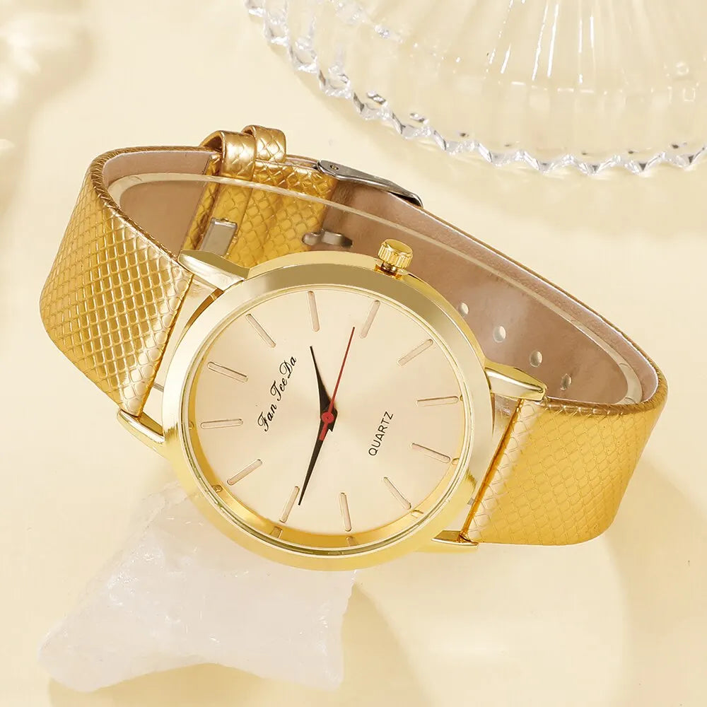 5PCS Set Womens Fashion Quartz Watches For Women Leather Watch Ladies Casual Dress Gold Dial Wrist Watch Clock Montre Femme