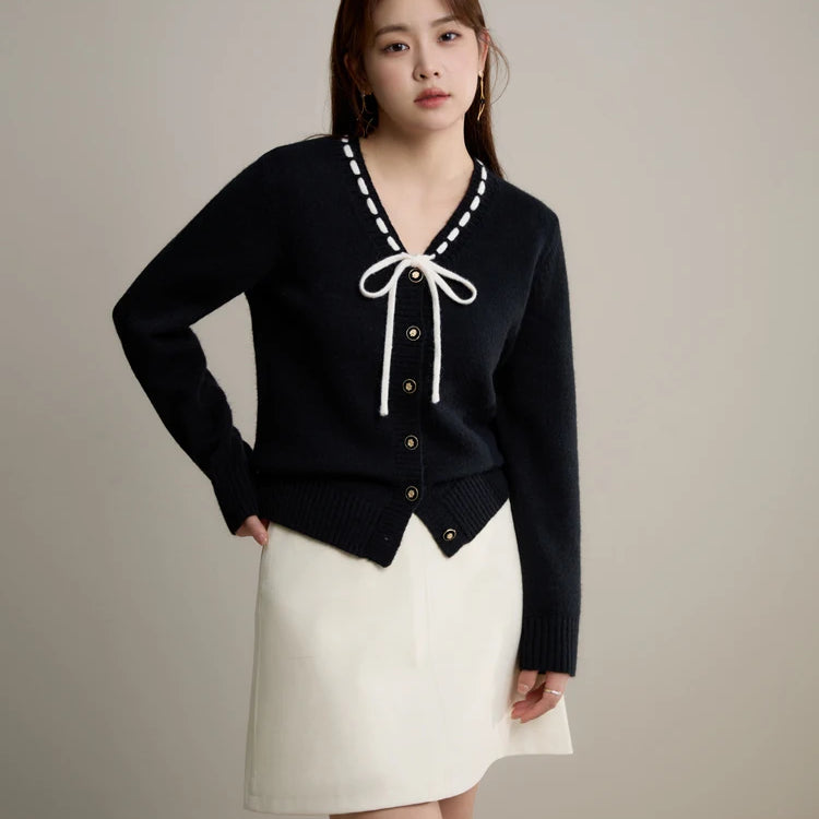 Women Sweet V-Neck Lace-up Red Sweaters Winter Gentle Female Sweater Jacket Temperament Knitted Black Cardigans black