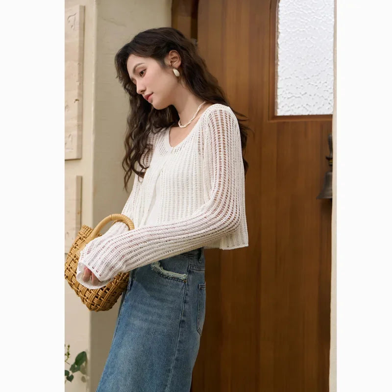 Hollow Out Knitted Cardigan Vest Two-piece Set for Women Summer Korean Sunscreen Single Breasted Sets White One Size