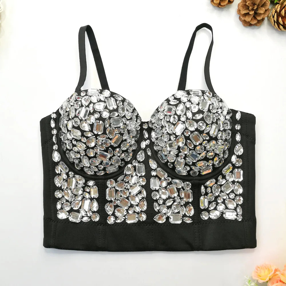 Fashion Sexy Women's Bustier Bra Hand-made Pearls Jewel Diamond Beading Crop Tops Female Cropped Sling Vest Top Bling Bra