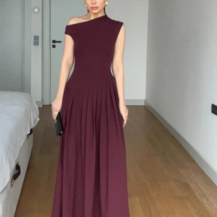 Chic Off Shoulder Irregular Neck Women's Dress Elegant High Waist A-line Hem Pleated Midi Dresses New Summer Lady Commuting Robe